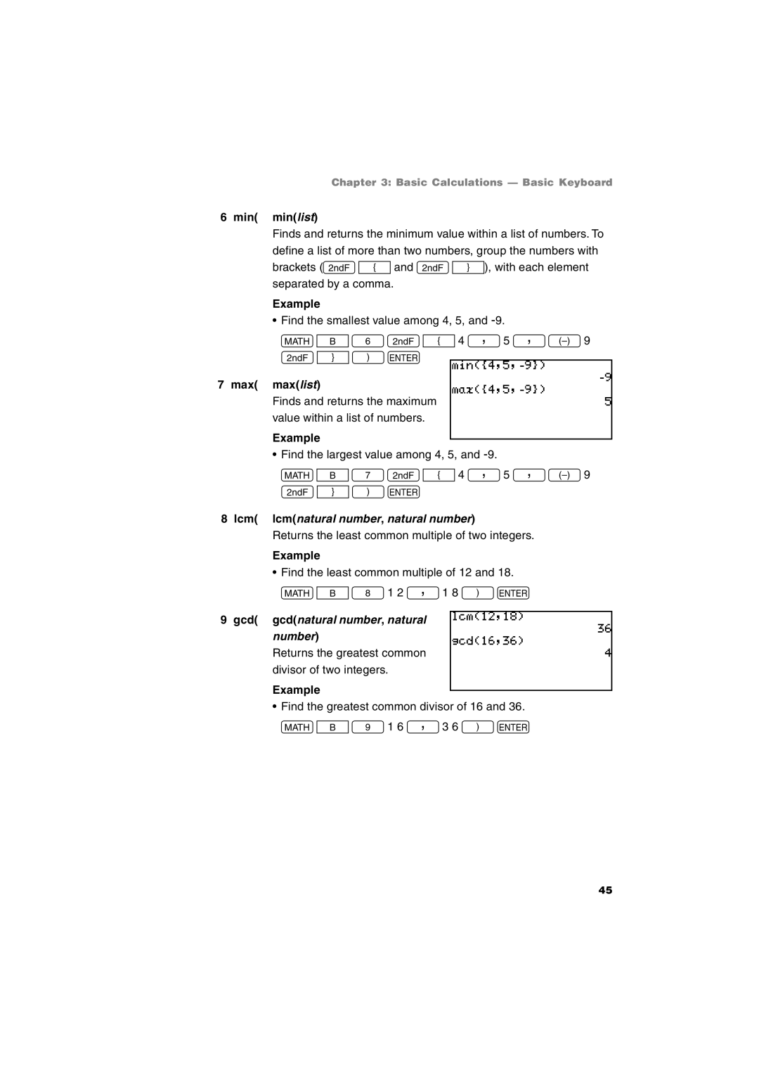 Sharp EL-9900 Min minlist, Max maxlist, Lcm lcmnatural number, natural number, Gcd gcdnatural number, natural number 