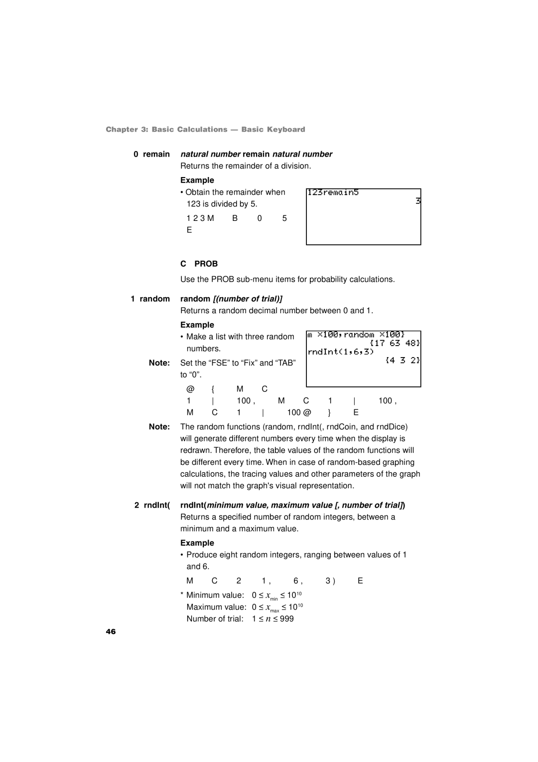 Sharp EL-9900 operation manual Remain natural number remain natural number, Prob, Random random number of trial 