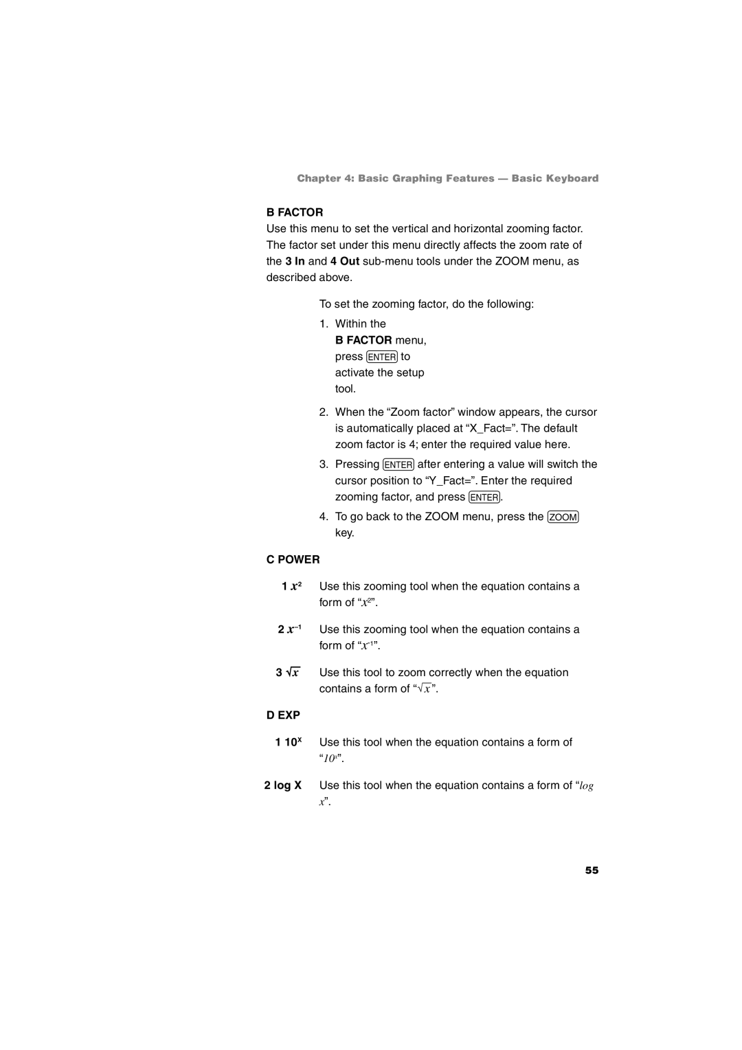 Sharp EL-9900 operation manual Factor menu, press Eto activate the setup tool, Power, Exp 