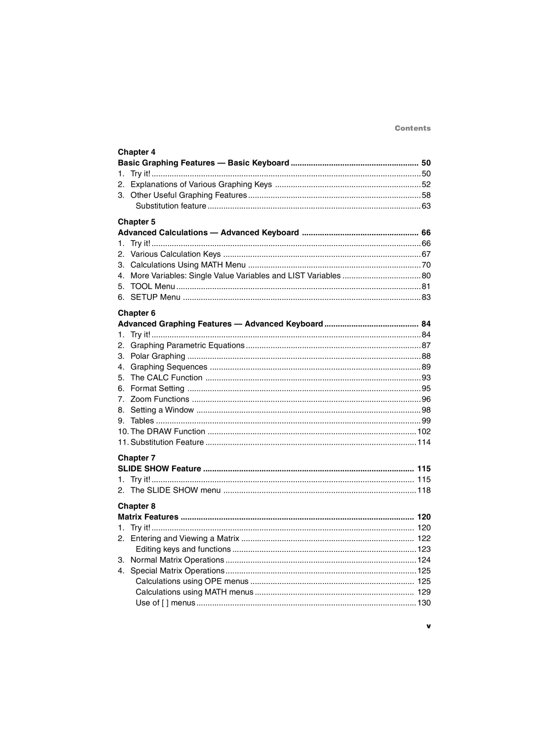 Sharp EL-9900 operation manual Chapter Slide Show Feature 115, Chapter Matrix Features 120 