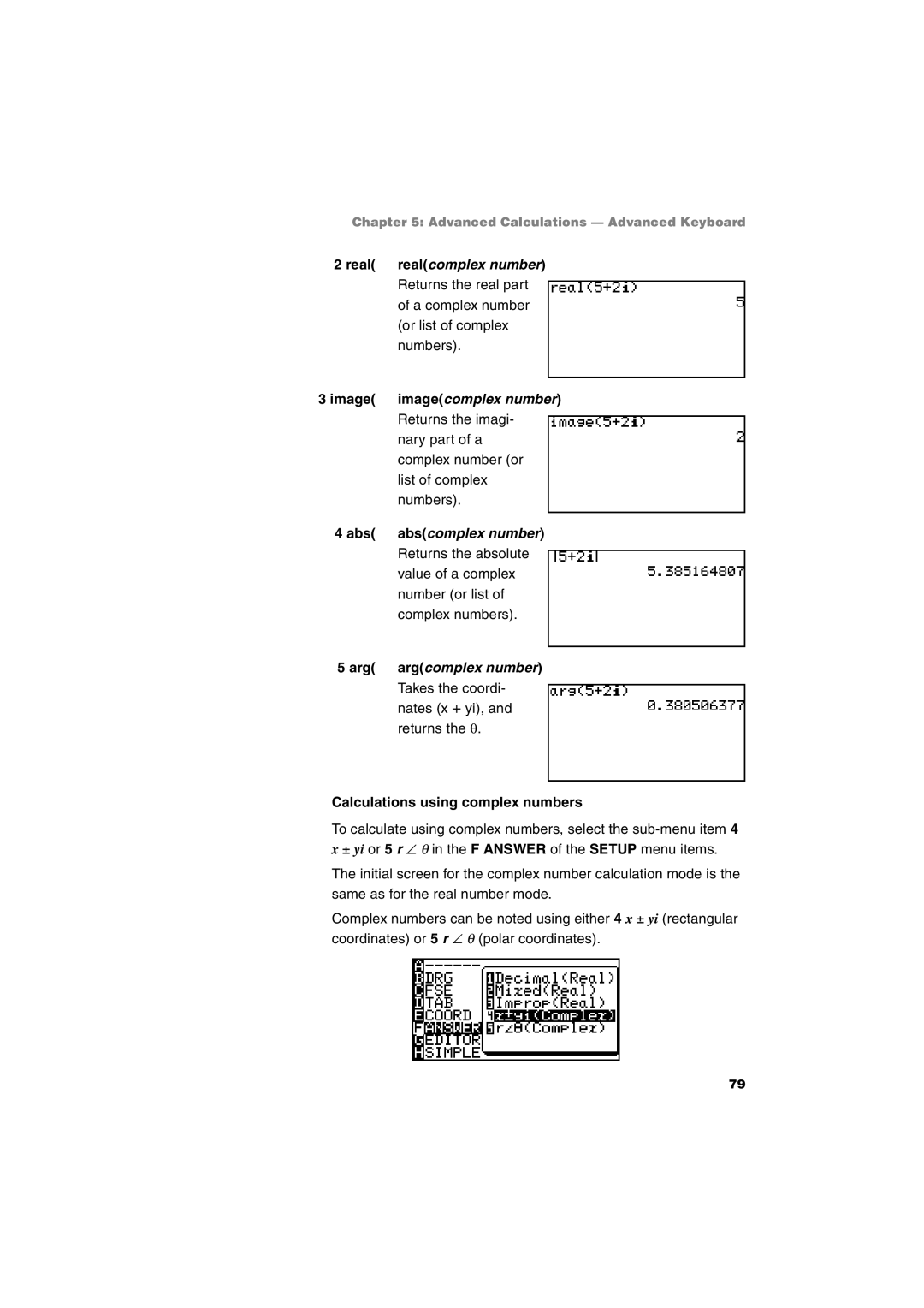 Sharp EL-9900 Real realcomplex number, Image imagecomplex number, Abs abscomplex number, Arg argcomplex number 