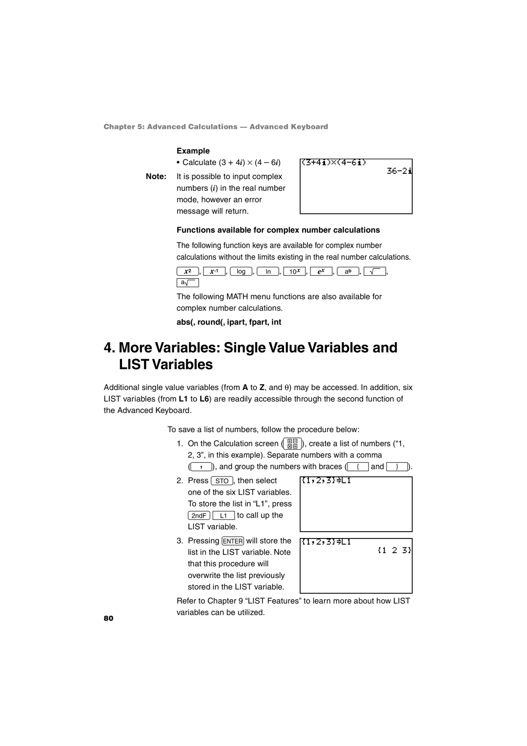 Sharp EL-9900 operation manual More Variables Single Value Variables and List Variables, Abs, round, ipart, fpart, int 