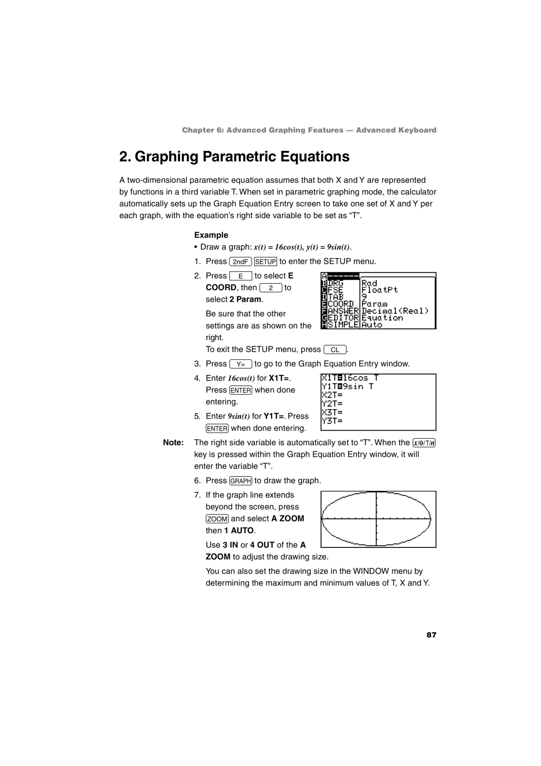 Sharp EL-9900 operation manual Graphing Parametric Equations, Use 3 in or 4 OUT of the a Zoom to adjust the drawing size 