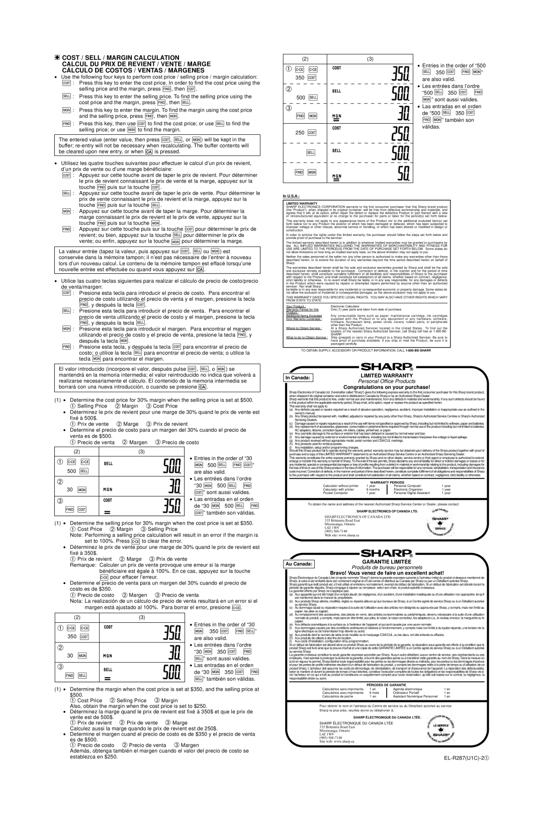 Sharp EL-R287 operation manual Limited Warranty, Warranty Periods, Périodes DE Garantie, Sharp Électronique DU Canada Ltée 