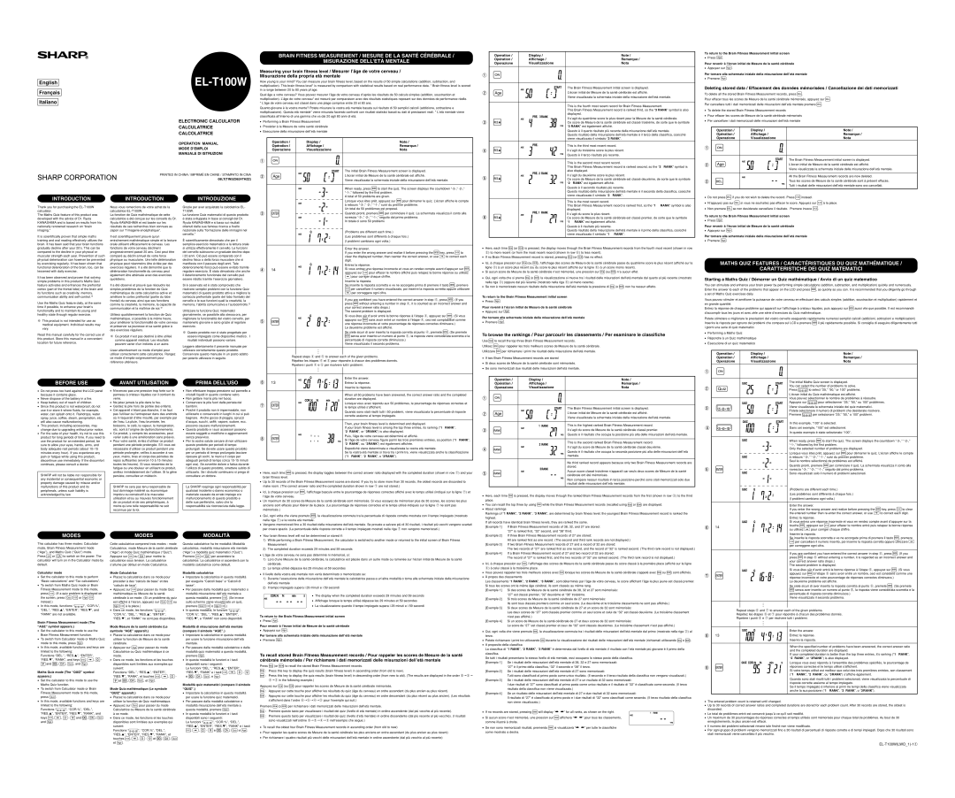 Sharp EL-T100W operation manual Before USE Avant Utilisation Prima DELL’USO, Modes Modalità 