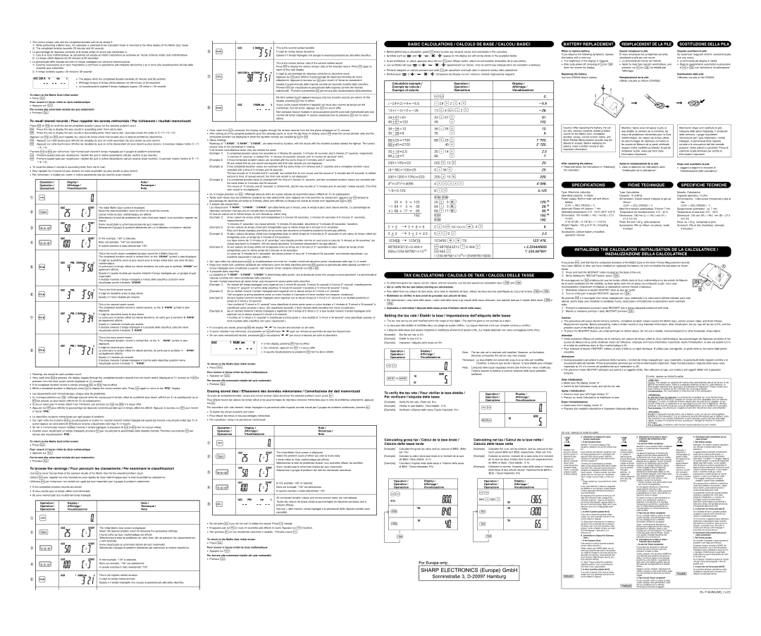 Sharp EL-T100W Basic Calculations / Calculs DE Base / Calcoli Basici, Specifications Fiche Technique Specifiche Tecniche 