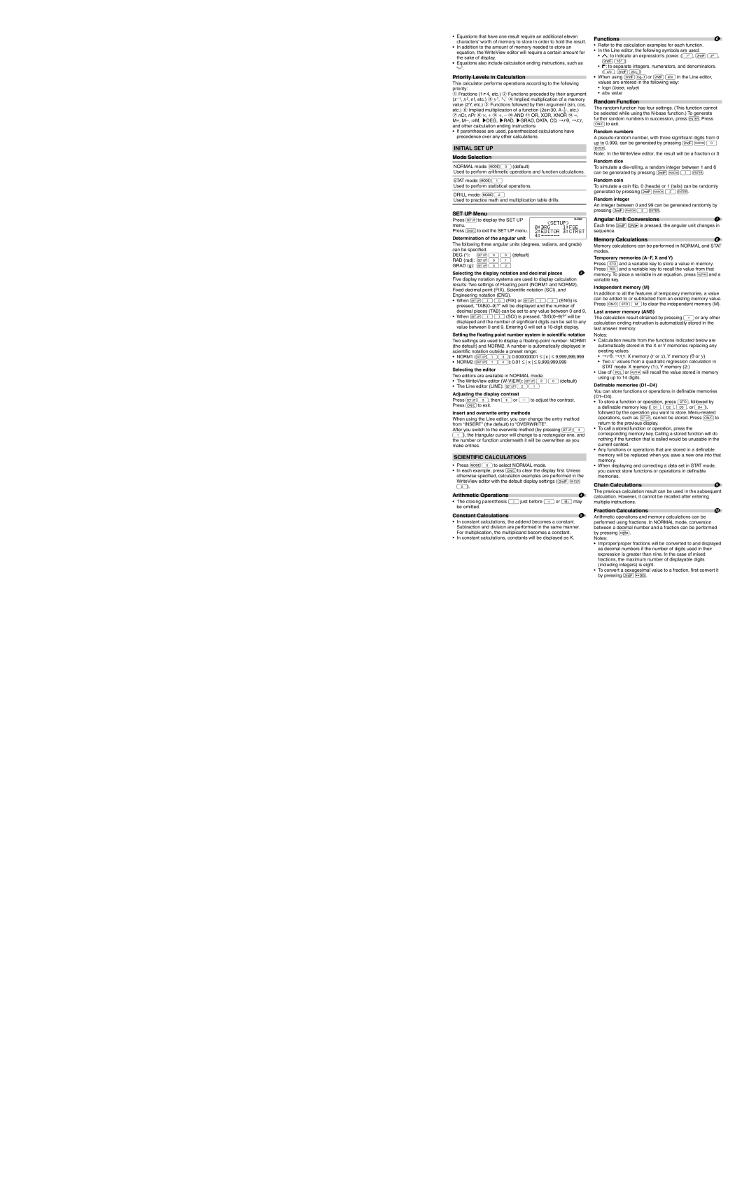 Sharp EL-W535XBSL Arithmetic Operations, Constant Calculations, Functions, Angular Unit Conversions, Memory Calculations 