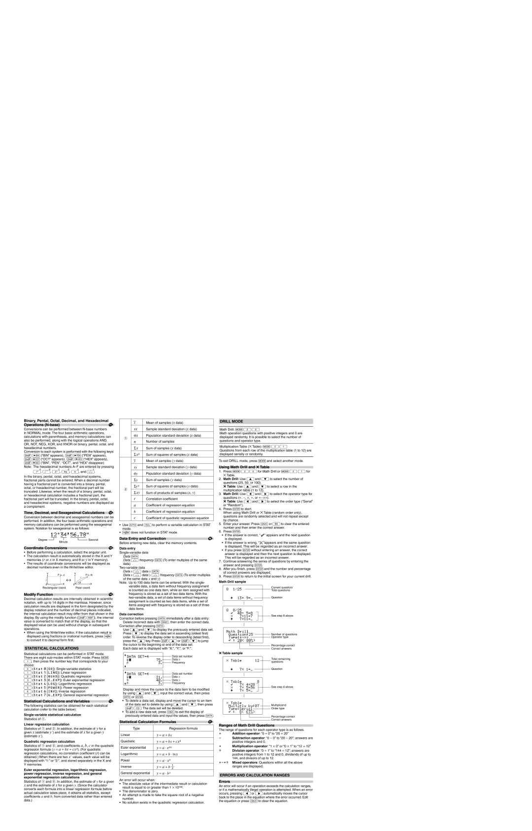 Sharp ELW535XBSL, EL-W535XBSL Statistical Calculations and Variables, Data Entry and Correction, Drill Mode 