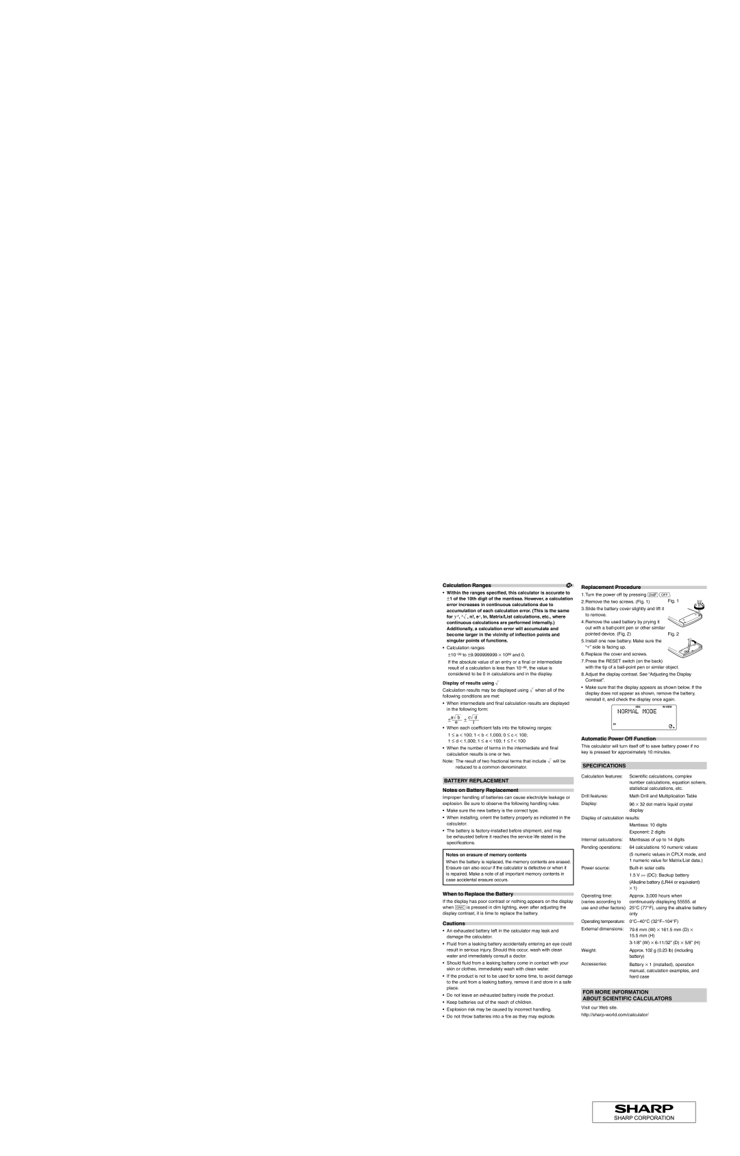 Sharp EL-W516 Calculation Ranges, Battery Replacement, Specifications, For More Information About Scientific Calculators 