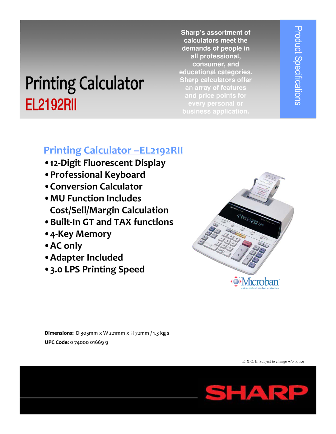 Sharp dimensions Printing Calculator -EL2192RII 