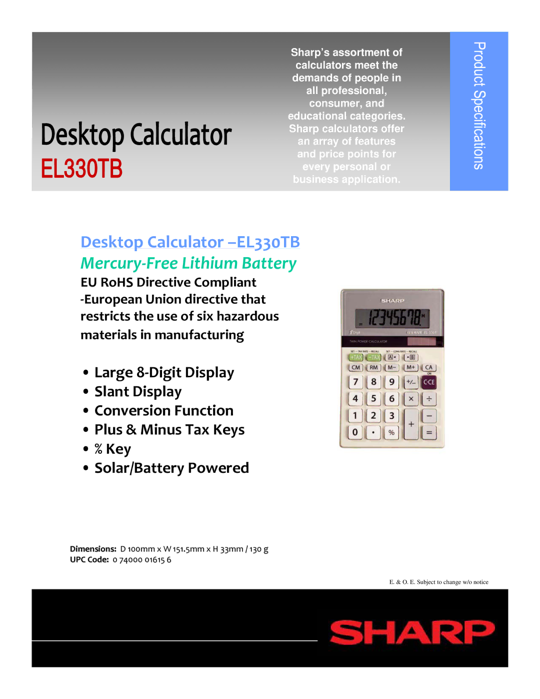 Sharp EL330TB dimensions Mercury‐Free Lithium Battery 