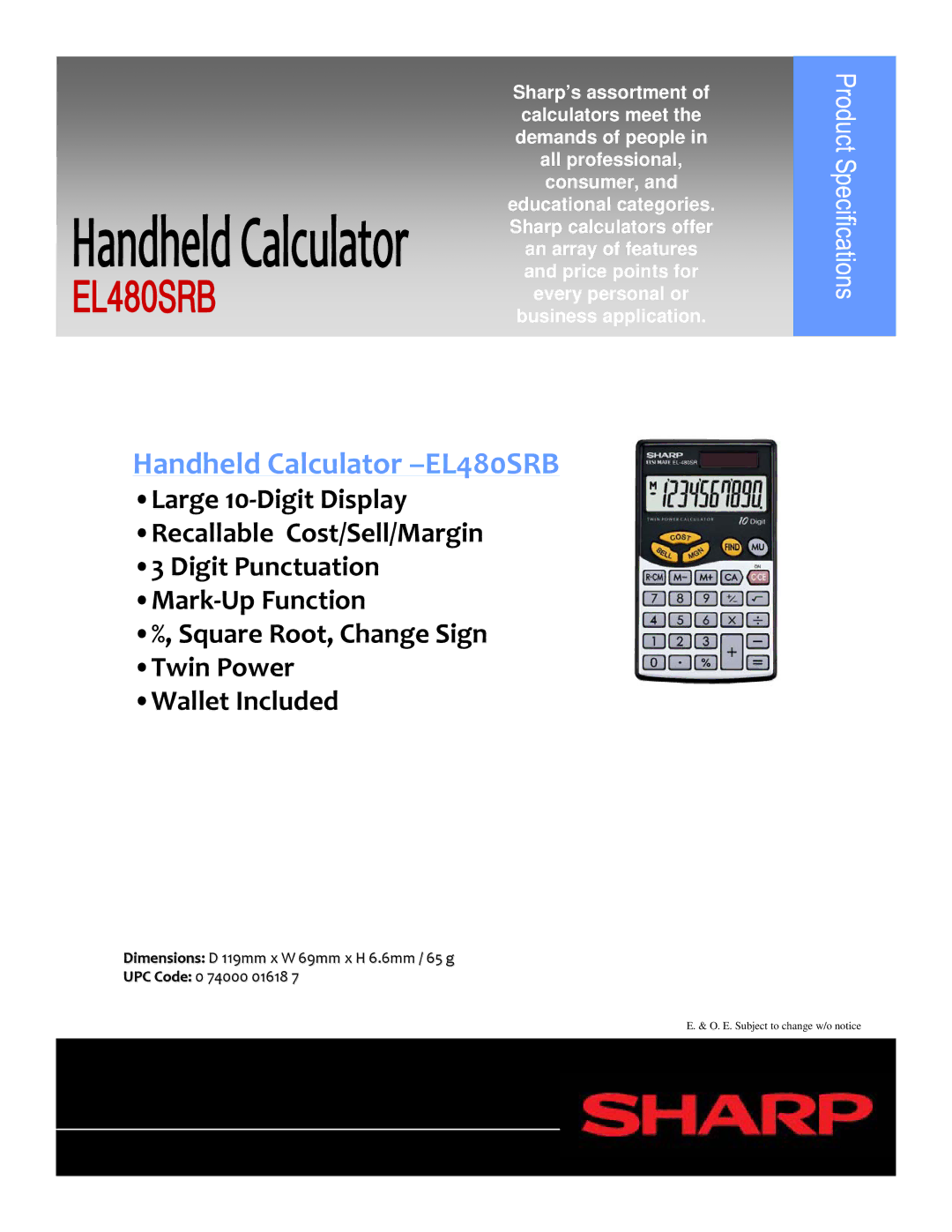 Sharp dimensions Handheld Calculator -EL480SRB 