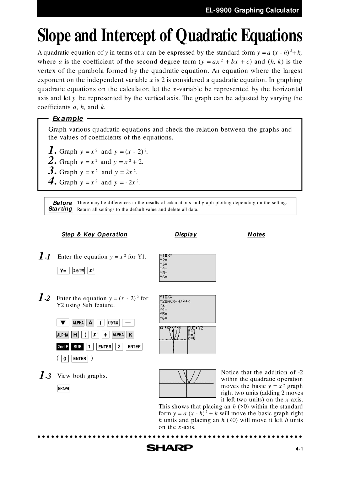 Sharp EL9900 manual Slope and Intercept of Quadratic Equations 