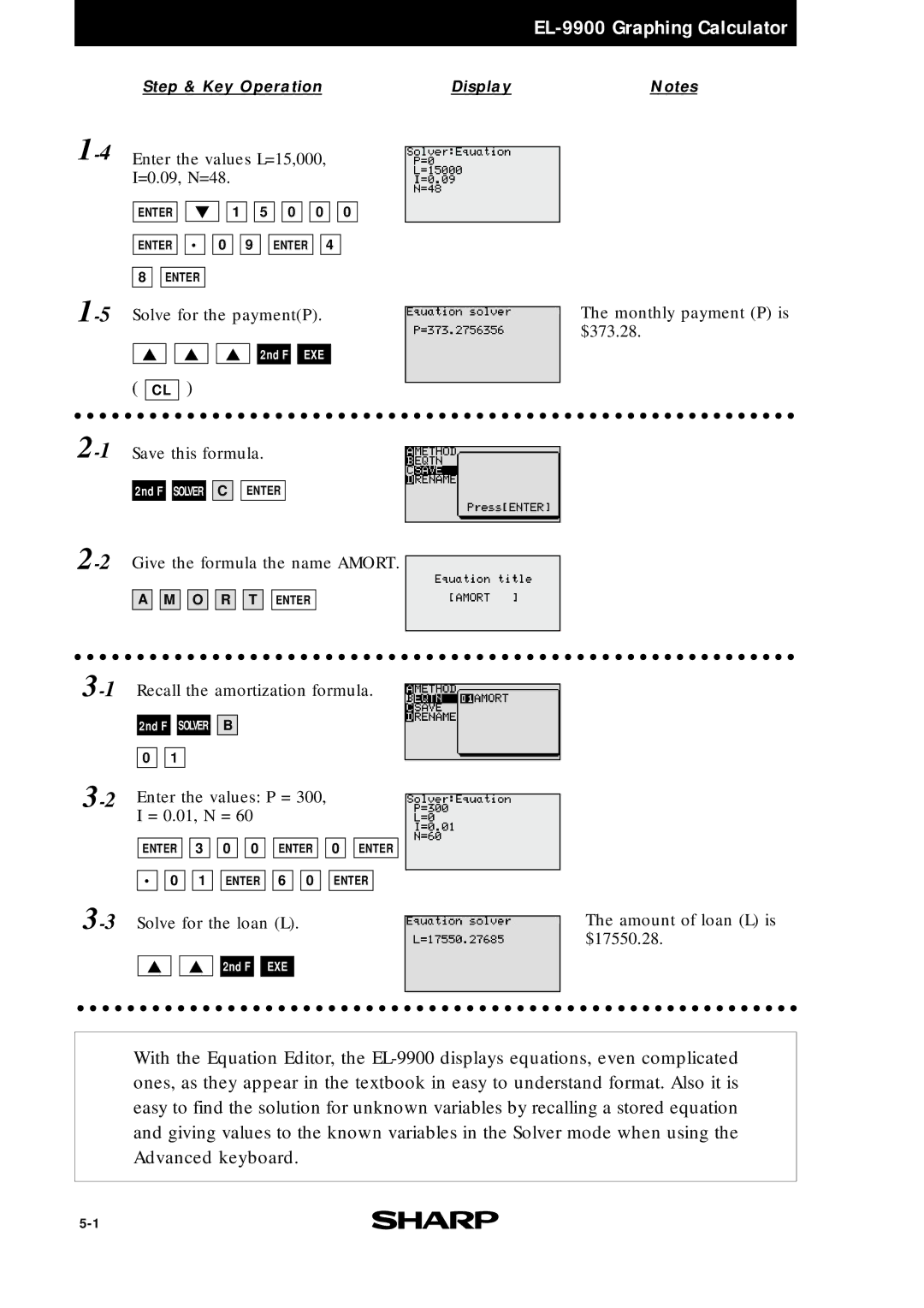 Sharp EL9900 manual 4Enter the values L=15,000, I=0.09, N=48 