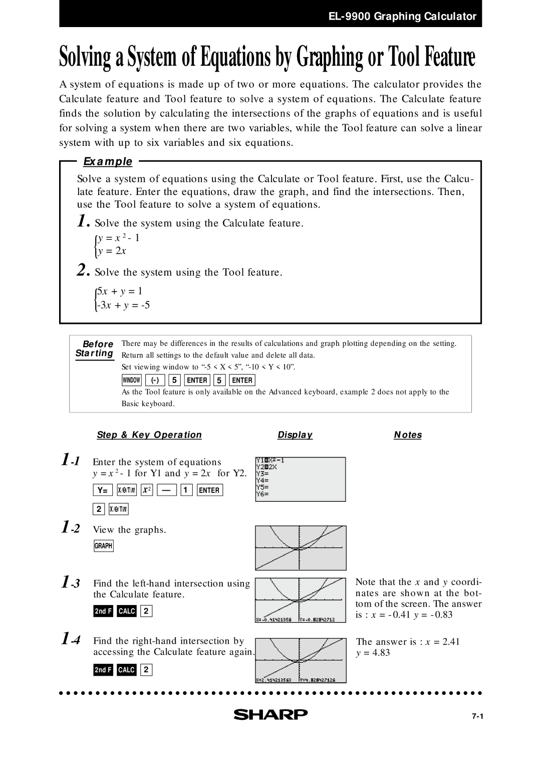 Sharp EL9900 manual Solving a System of Equations by Graphing or Tool Feature 