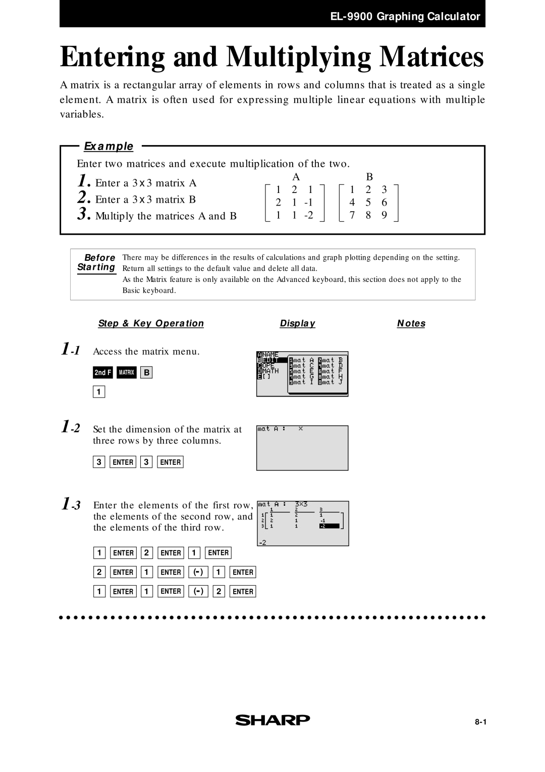 Sharp EL9900 manual Entering and Multiplying Matrices 