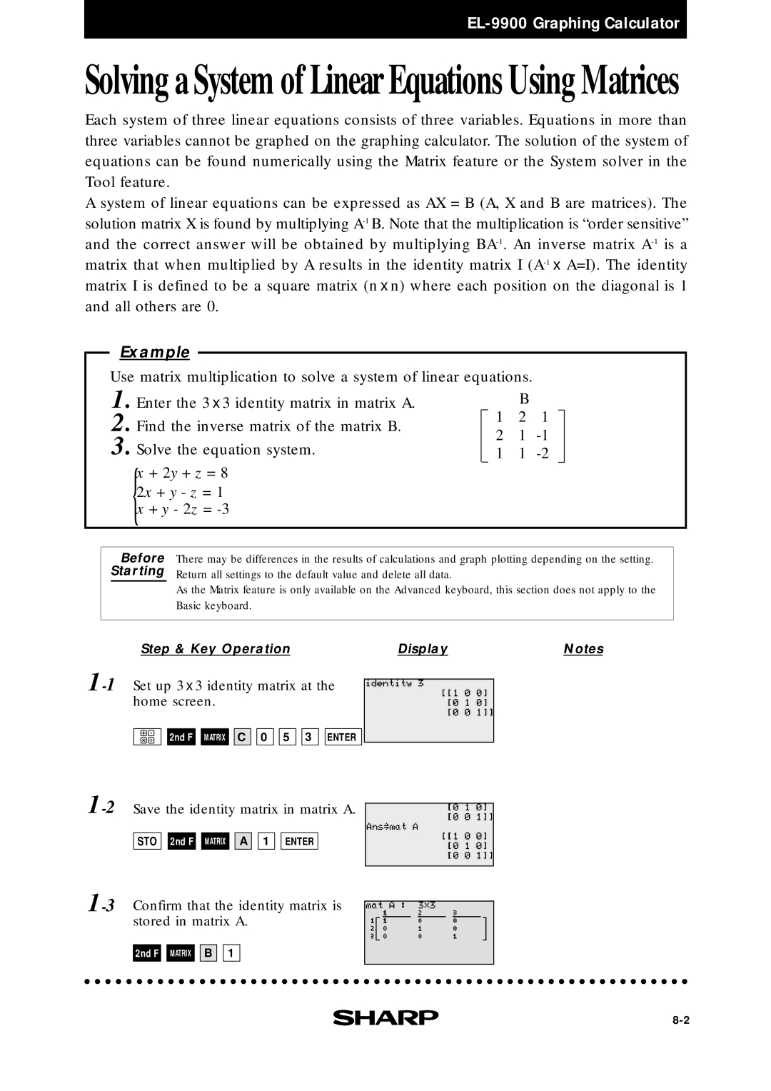 Sharp EL9900 manual Solving a System of Linear Equations Using Matrices 