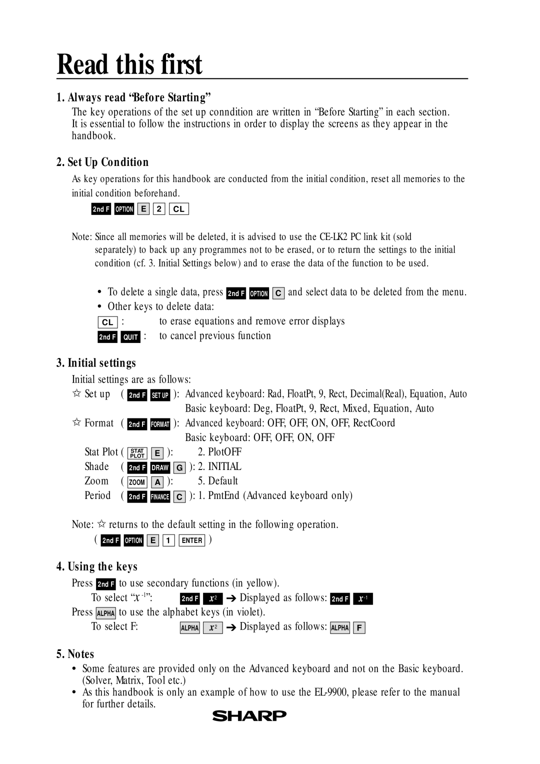 Sharp EL9900 manual Read this first, Always read Before Starting 