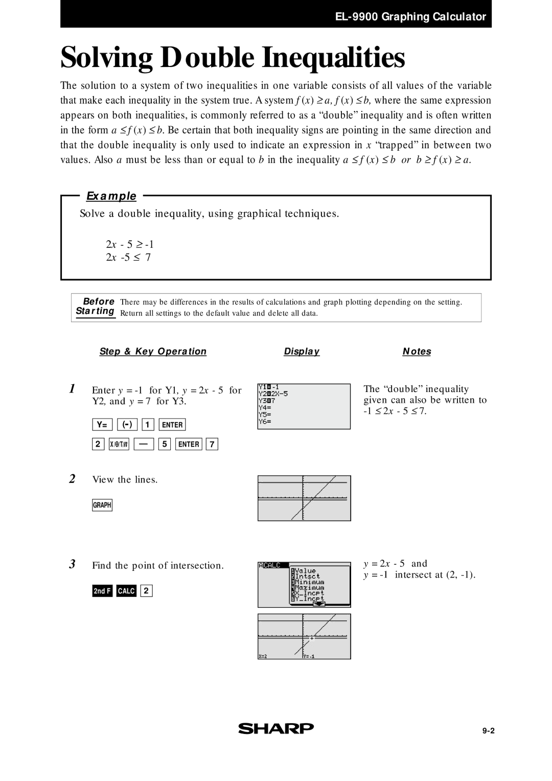 Sharp EL9900 manual Solving Double Inequalities, 2x 5 ≥, = 2x 5 