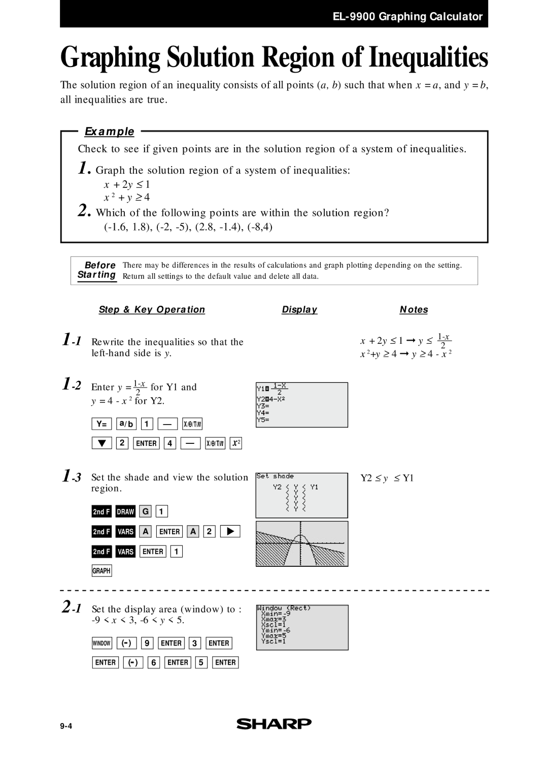 Sharp EL9900 manual + 2y ≤ 1 x 2 + y ≥, + 2y ≤ 1 y ≤ +y ≥ 4 y ≥ 4 x 