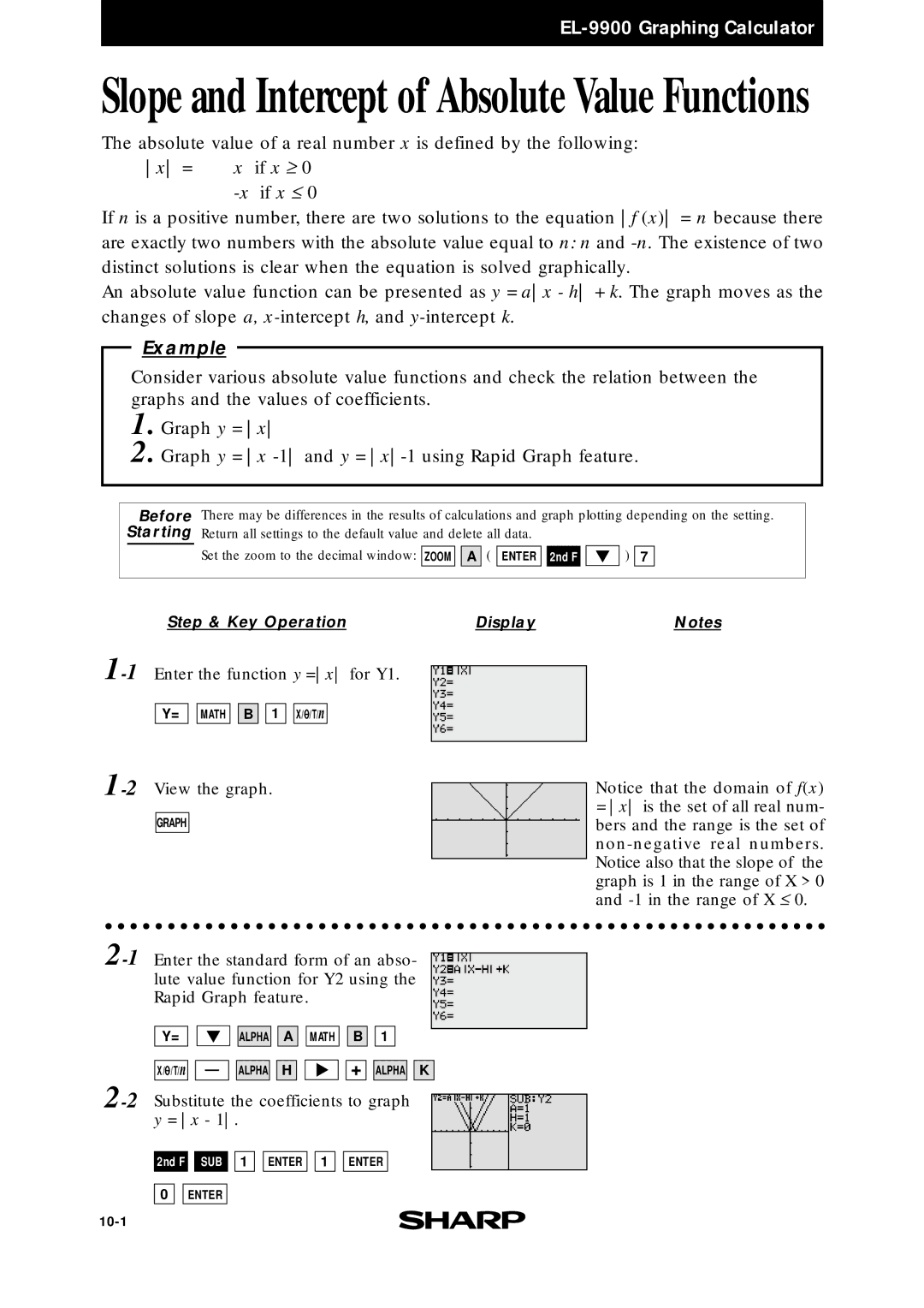 Sharp EL9900 manual Slope and Intercept of Absolute Value Functions, If x ≥ 