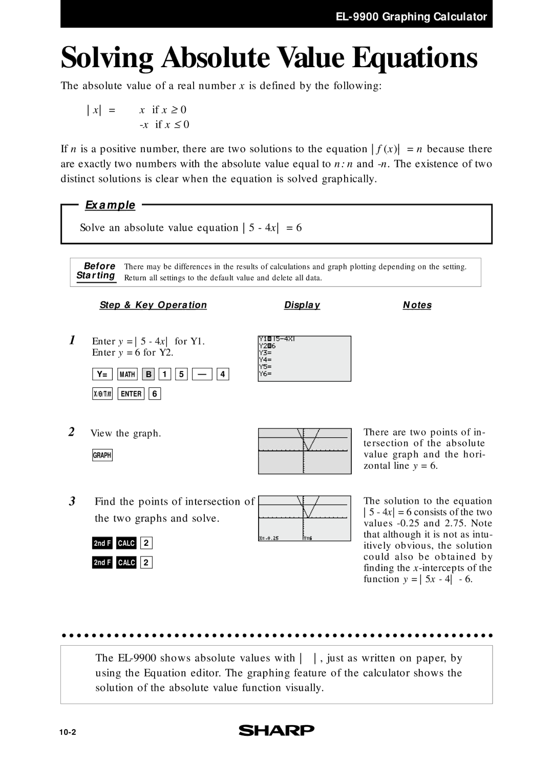 Sharp EL9900 manual Solving Absolute Value Equations, Solve an absolute value equation 5 4x = 