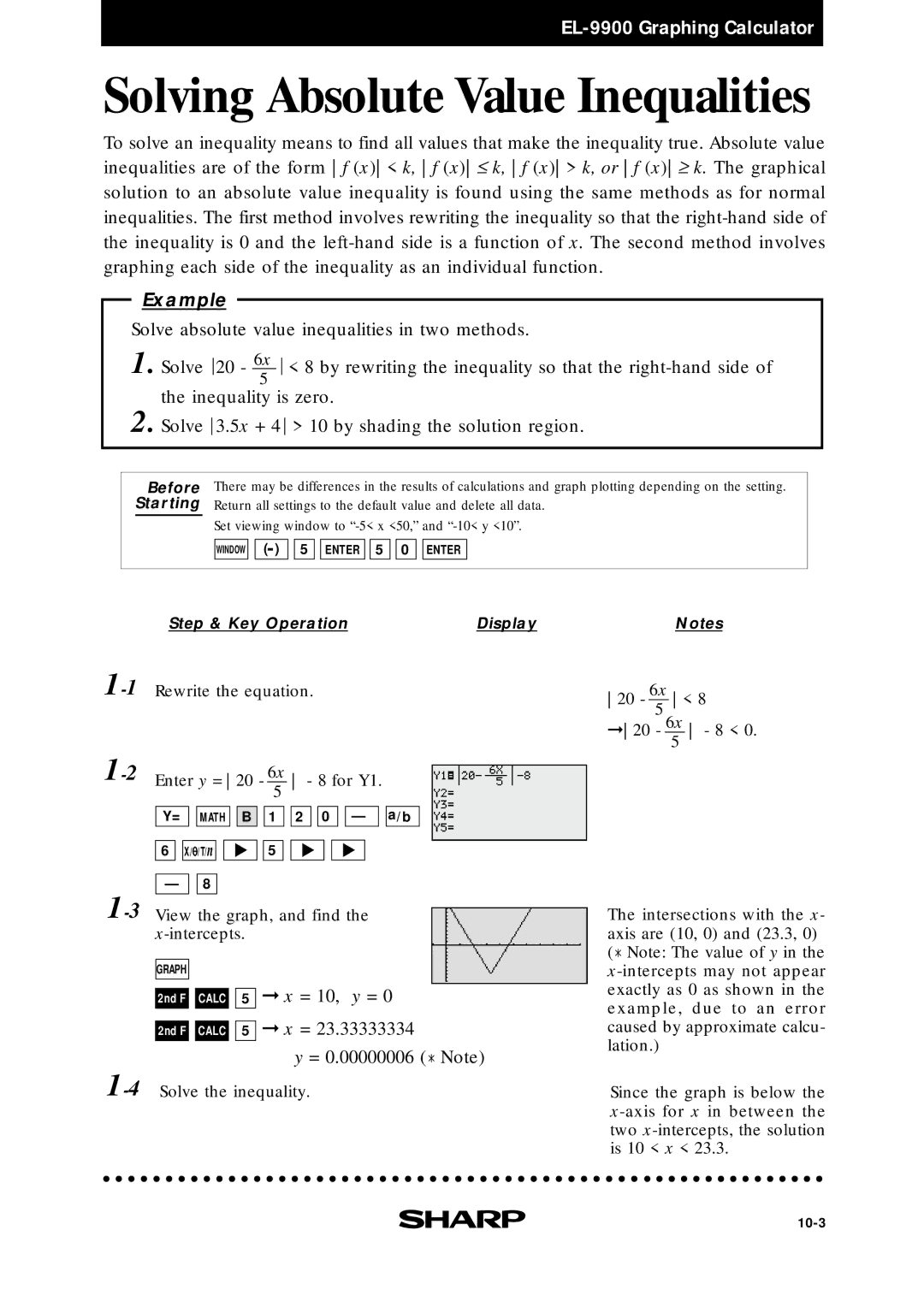 Sharp EL9900 manual Solving Absolute Value Inequalities, = 10, y = 