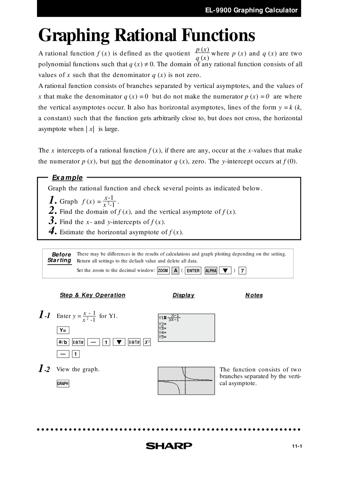 Sharp EL9900 manual Graphing Rational Functions 