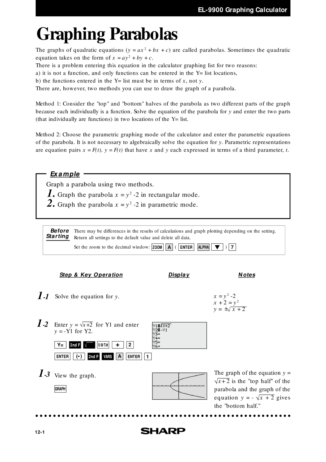 Sharp EL9900 manual Graphing Parabolas, = y 2 + 2 = y = +√ x + 