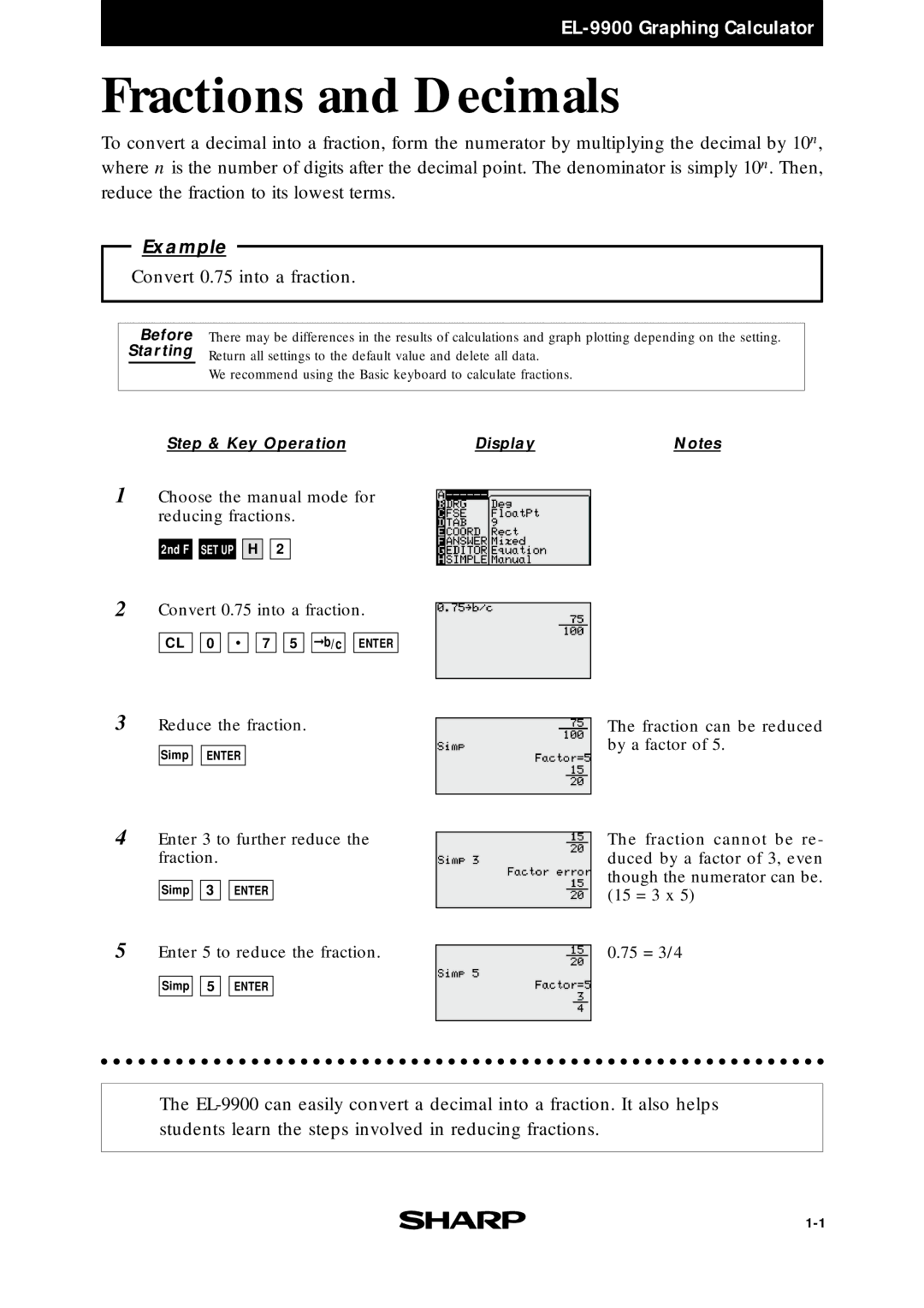 Sharp EL9900 manual Fractions and Decimals, Example 