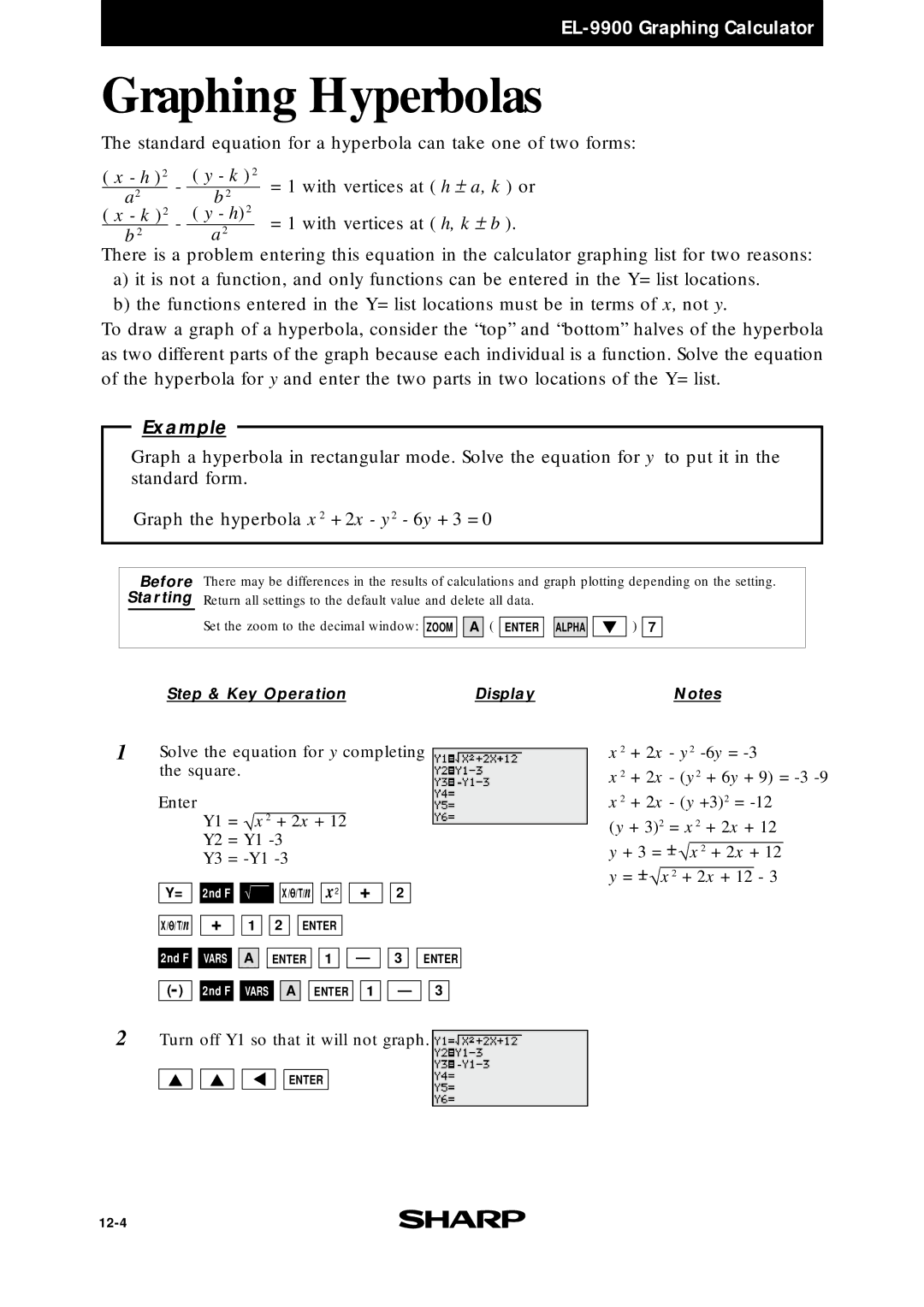 Sharp EL9900 manual Graphing Hyperbolas 