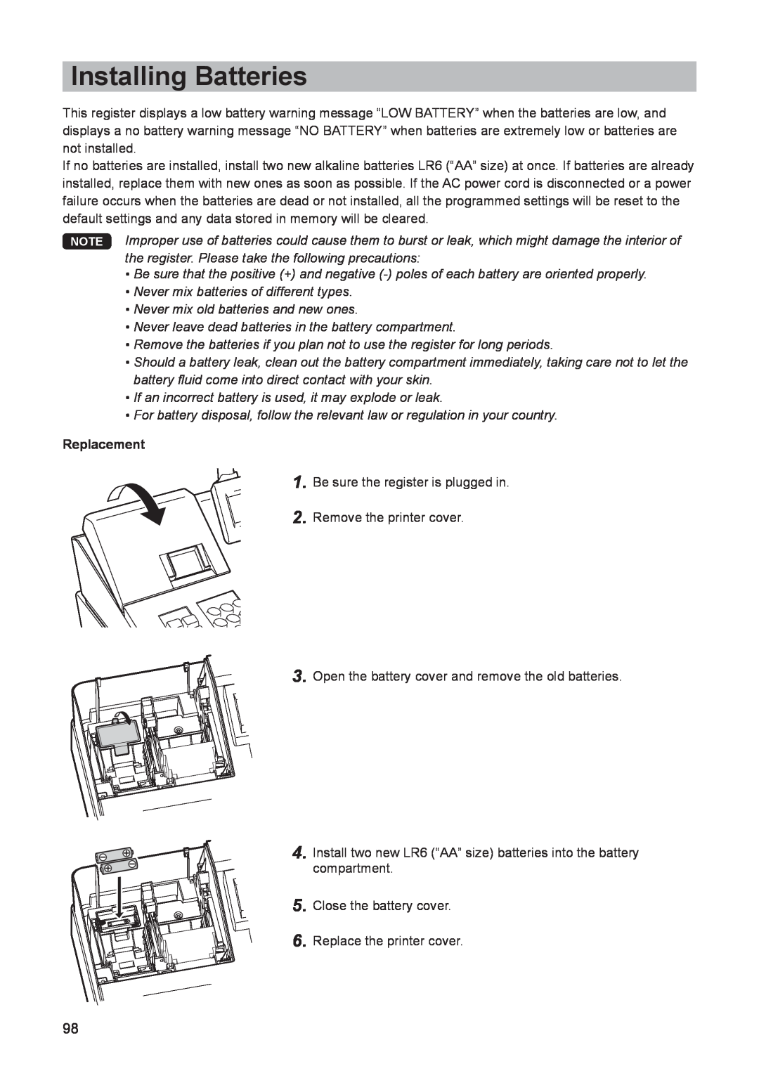 Sharp electonic cash register instruction manual Installing Batteries, Never mix batteries of different types, Replacement 