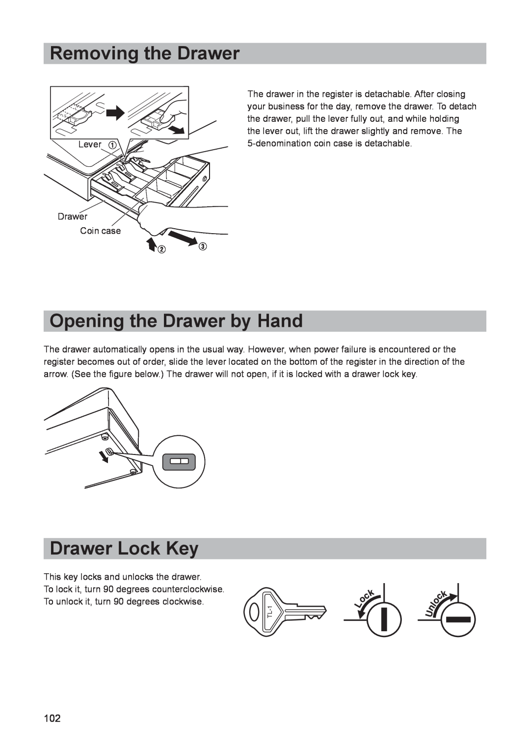 Sharp electonic cash register instruction manual Removing the Drawer, Opening the Drawer by Hand, Drawer Lock Key 
