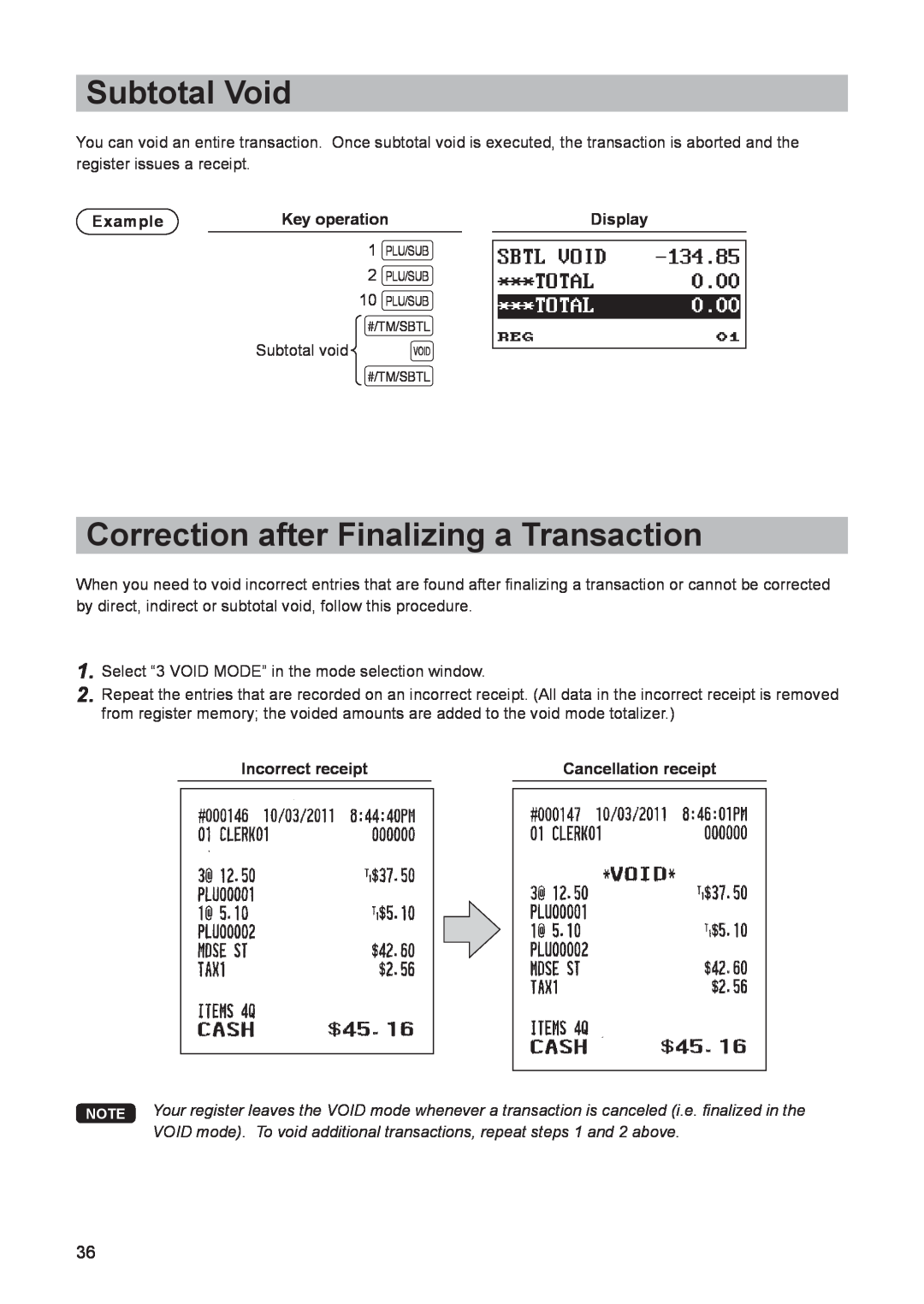 Sharp electonic cash register Subtotal Void, Correction after Finalizing a Transaction, Incorrect receipt, Example 