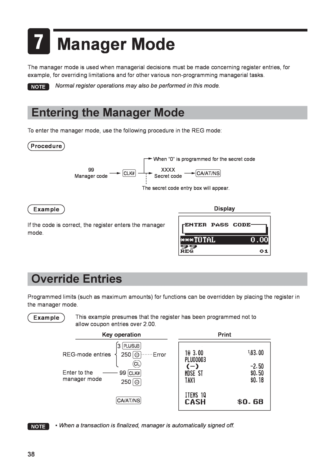 Sharp electonic cash register Entering the Manager Mode, Override Entries, Procedure, Example, Display, Key operation 