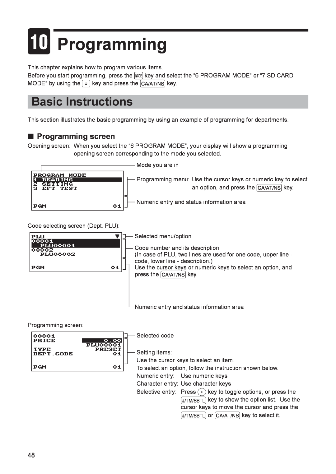 Sharp electonic cash register instruction manual a Programming, Basic Instructions, Programming screen 