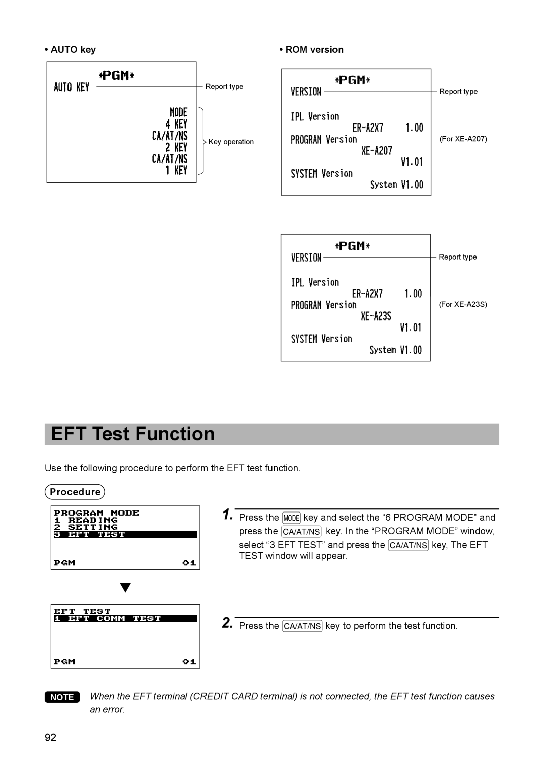 Sharp electonic cash register instruction manual EFT Test Function, AUTO key, ROM version, Procedure 