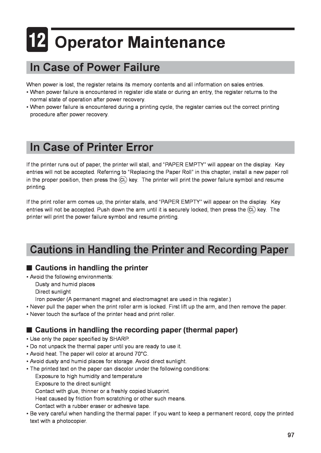 Sharp electonic cash register instruction manual c Operator Maintenance, In Case of Power Failure, In Case of Printer Error 