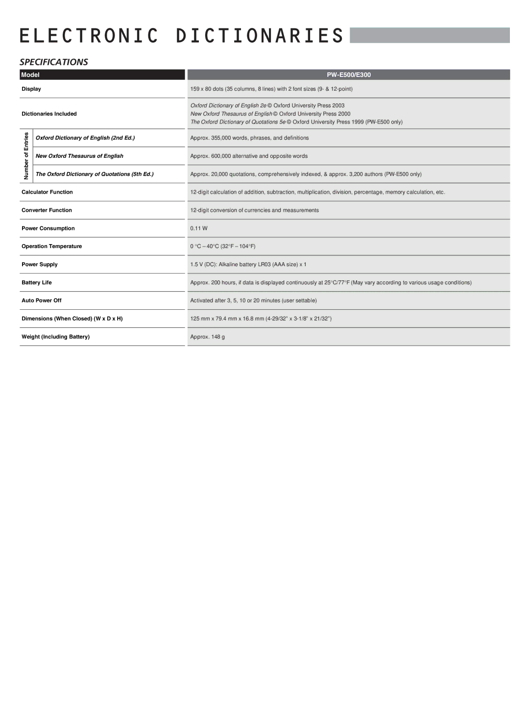 Sharp electronic calculator manual Electronic Dictionaries, Specifications 