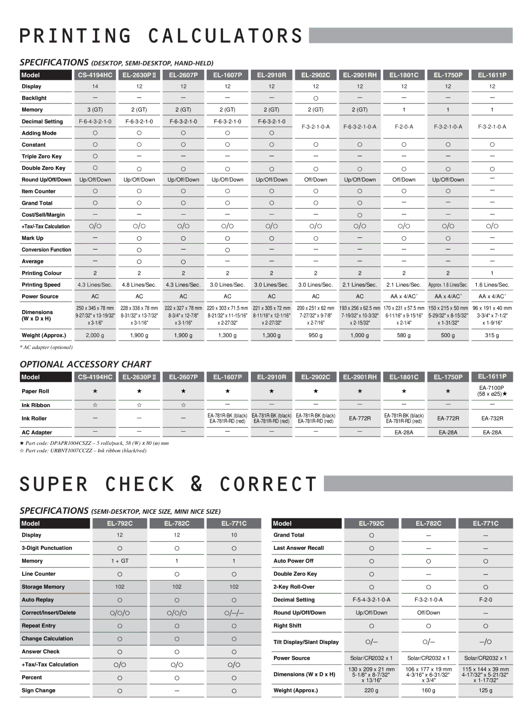 Sharp electronic calculator manual Printing Calculators, Super Check & Correct, Optional Accessory Chart 