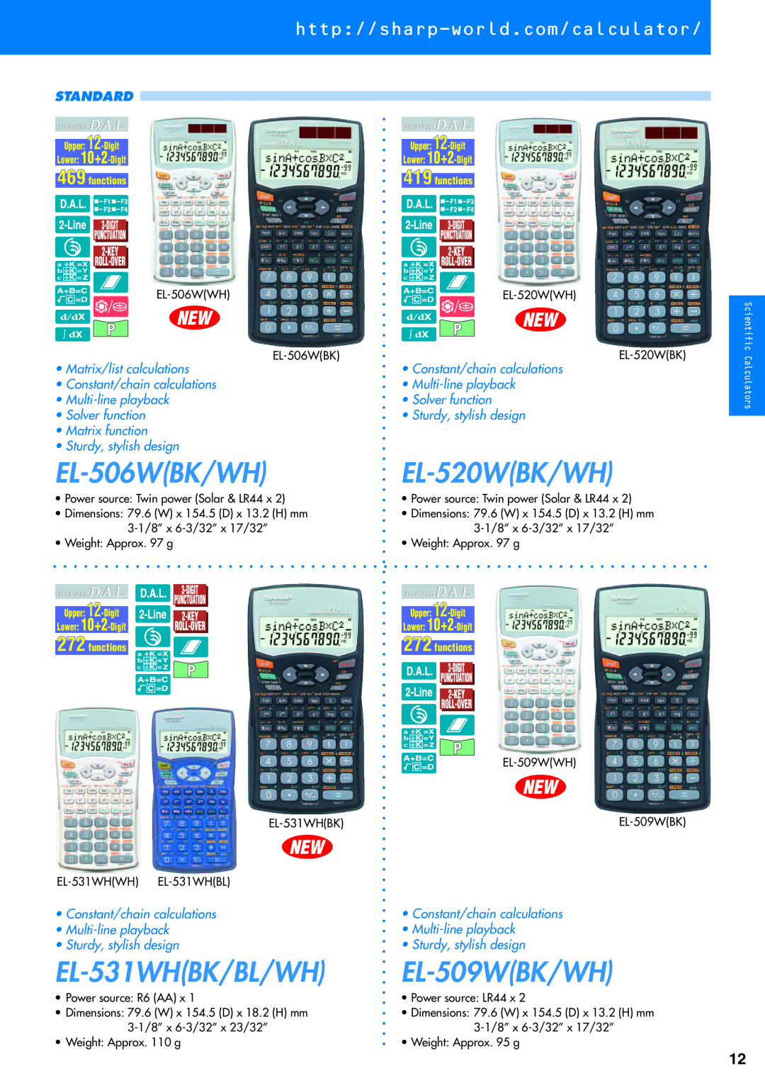 Sharp electronic calculator EL-506WBK/WH, EL-531WHBK/BL/WH, EL-520WBK/WH, EL-509WBK/WH, http//sharp-world.com/calculator 