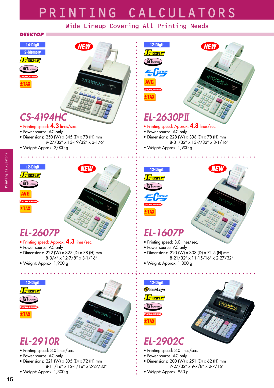 Sharp electronic calculator CS-4194HC, EL-2607P, EL-2910R, EL-2630P, EL-1607P, EL-2902C, Printing Calculators, Desktop 