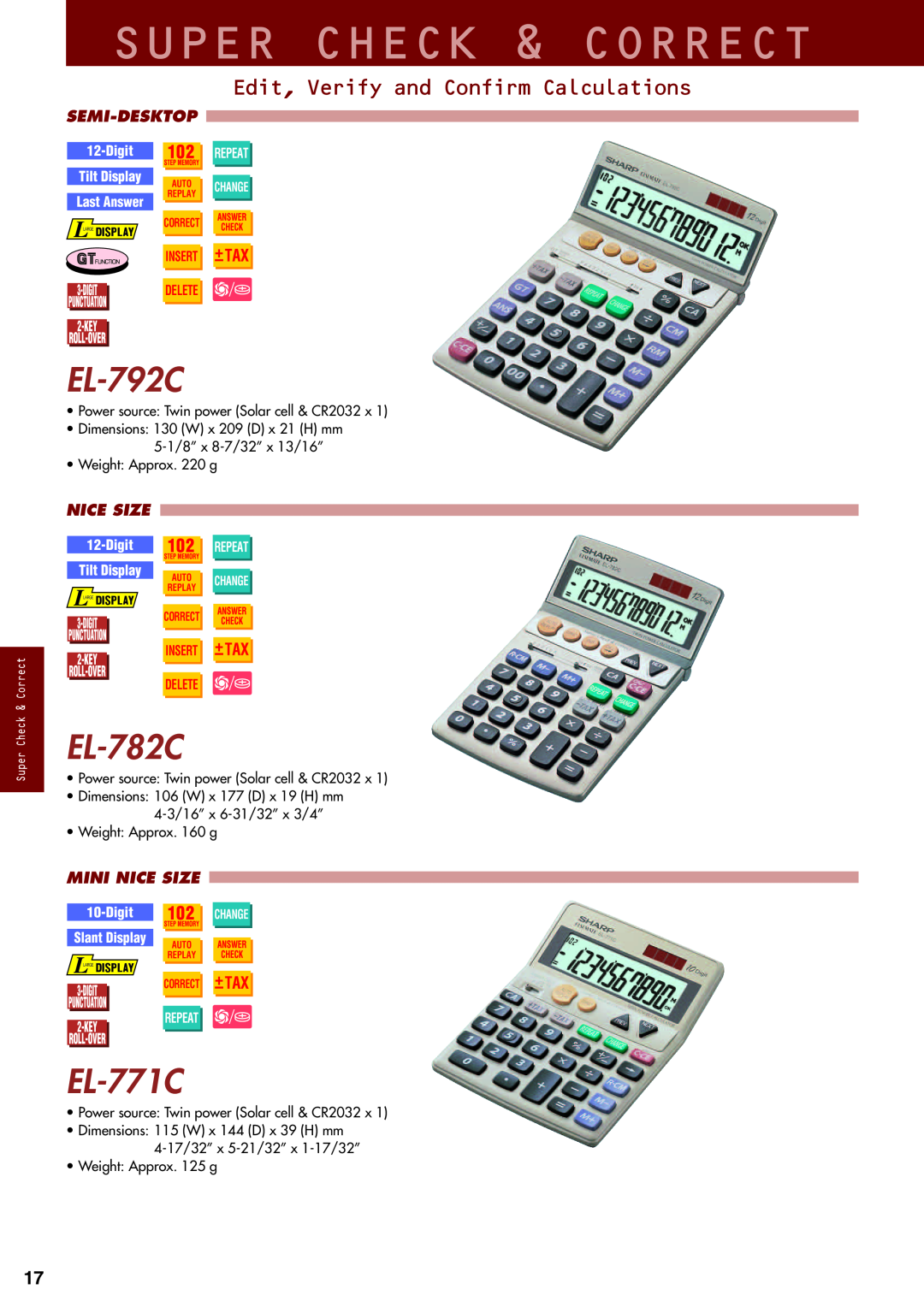 Sharp electronic calculator Super Check & Correct, EL-792C, EL-782C, EL-771C, Edit, Verify and Confirm Calculations, Digit 