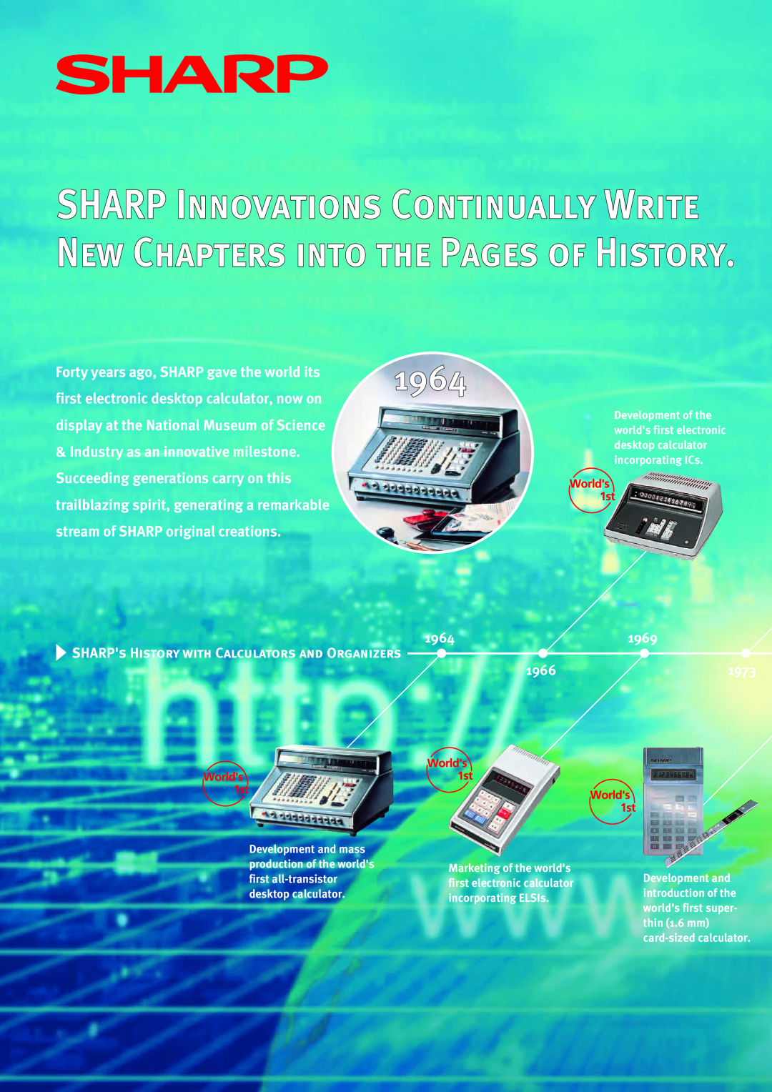 Sharp electronic calculator 1964, Forty years ago, SHARP gave the world its, first electronic desktop calculator, now on 