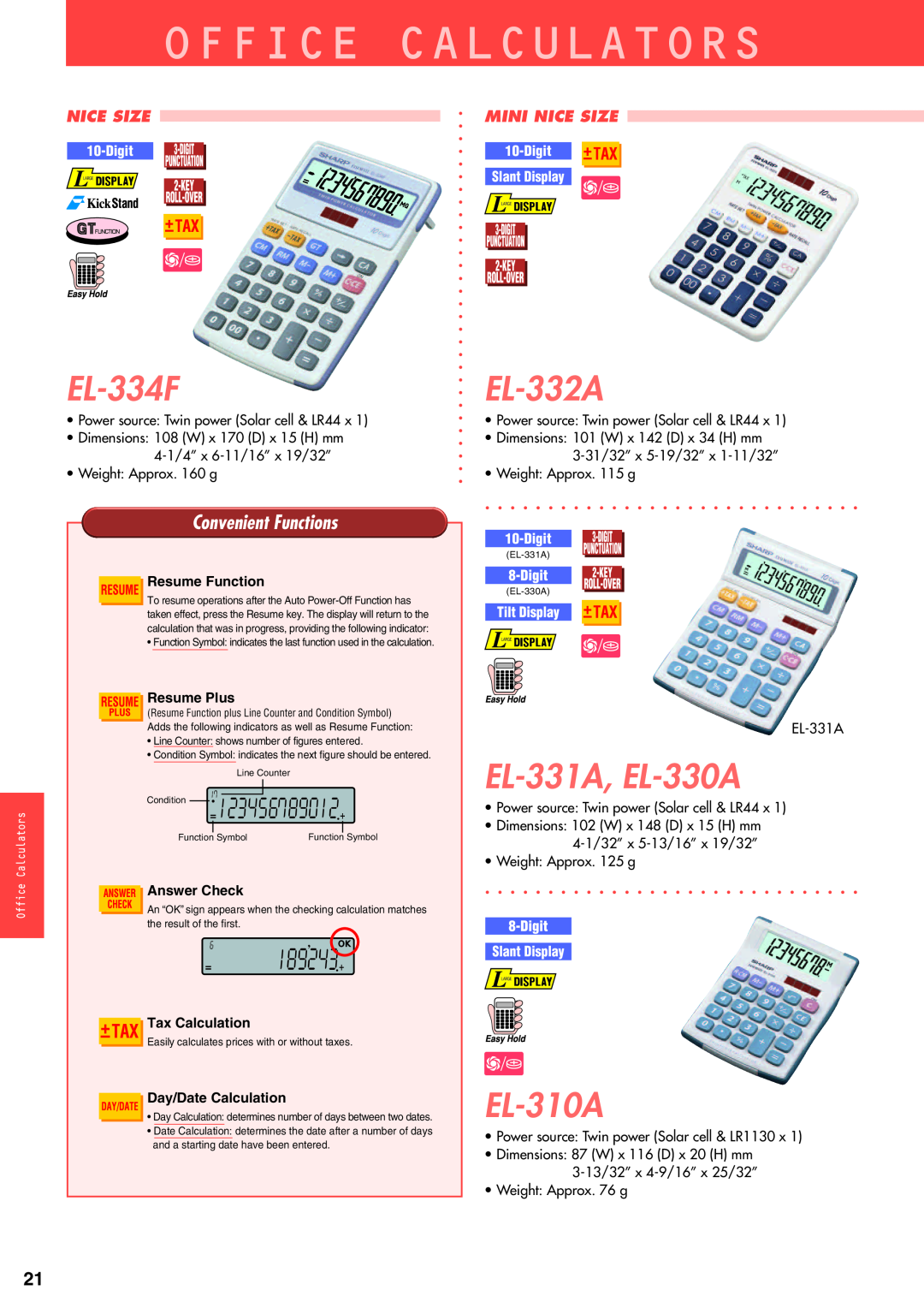 Sharp electronic calculator EL-334F, EL-332A, EL-331A, EL-330A, EL-310A, Office Calculators, Convenient Functions, Digit 