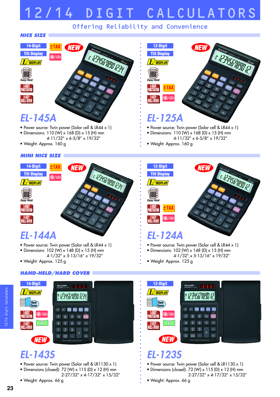 Sharp electronic calculator manual 12/14 DIGIT CALCULATORS, EL-145A, EL-125A, EL-144A, EL-124A, EL-143S, EL-123S, Nice Size 