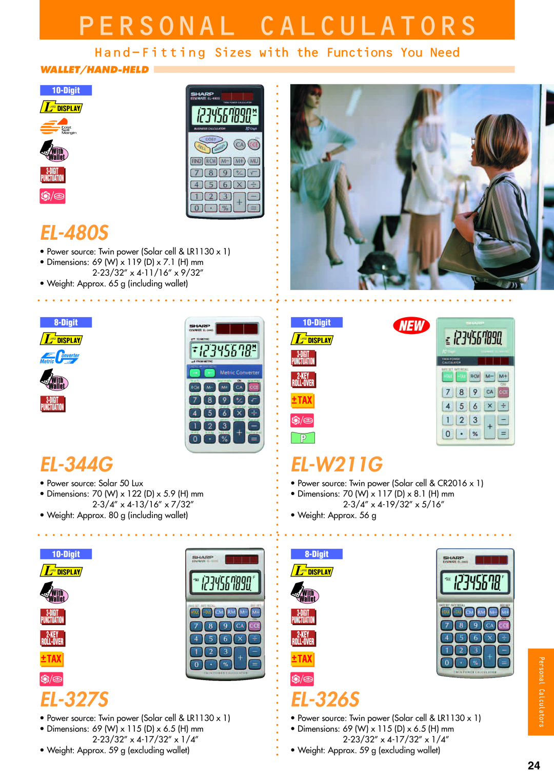 Sharp electronic calculator Personal Calculators, EL-480S, EL-344G, EL-W211G, EL-327S, EL-326S, Wallet/Hand-Held, Digit 