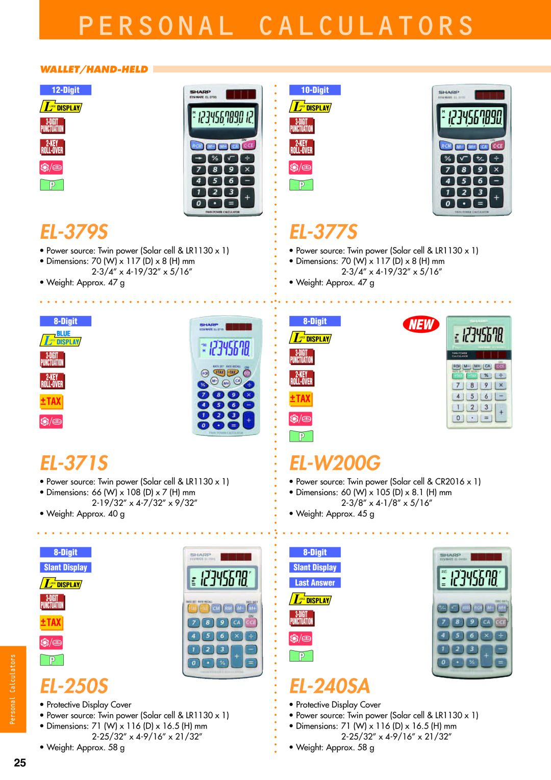 Sharp electronic calculator EL-379S, EL-371S, EL-250S, EL-377S, EL-W200G, EL-240SA, Personal Calculators, Wallet/Hand-Held 
