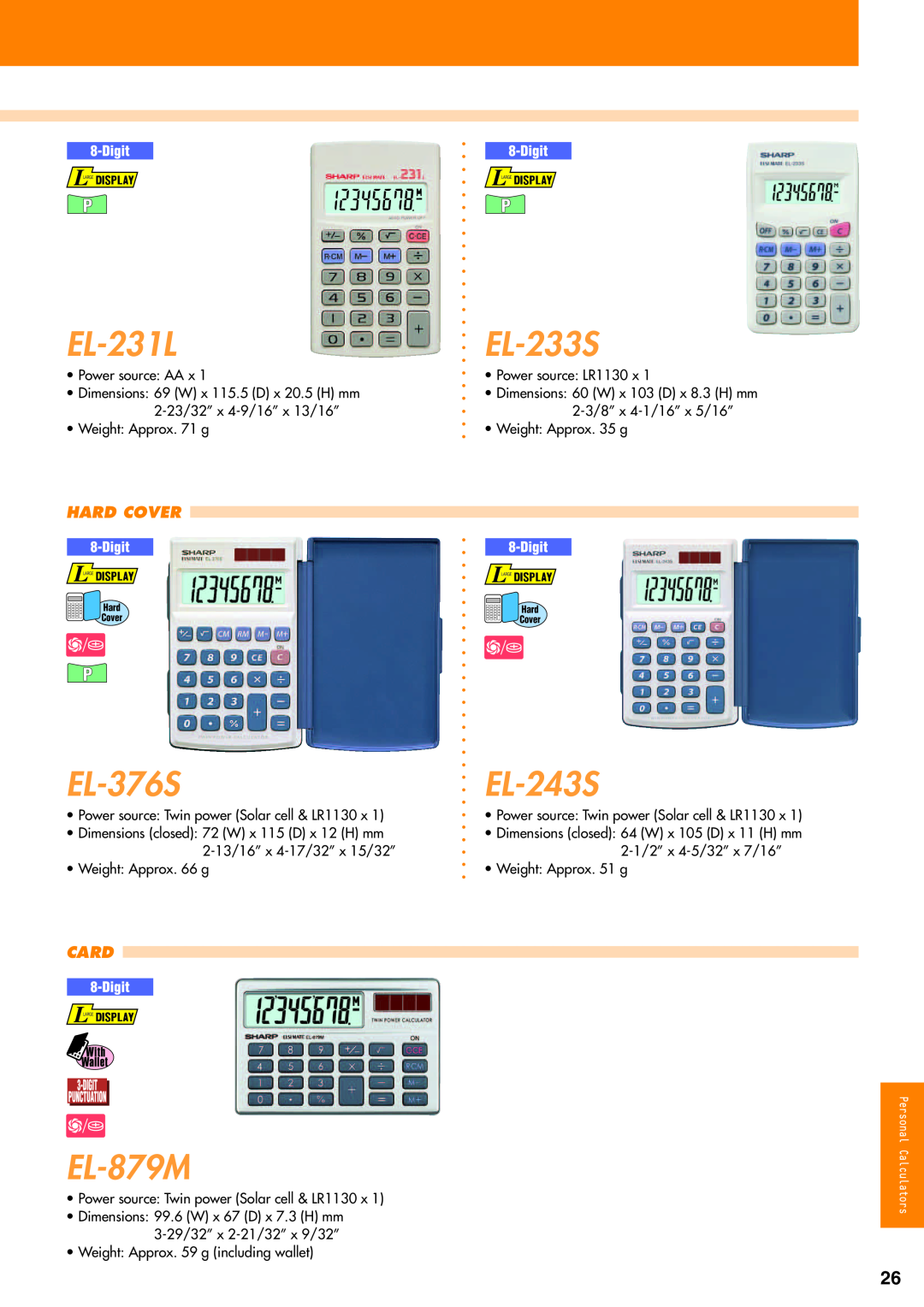 Sharp electronic calculator manual EL-231L, EL-233S, EL-376S, EL-243S, EL-879M, Hard Cover, Card 