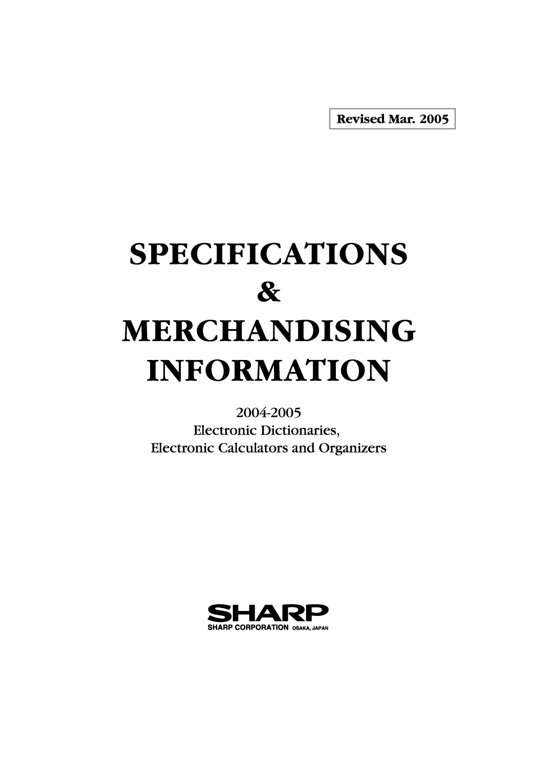 Sharp electronic calculator manual Specifications, Merchandising Information, Electronic Dictionaries, Revised Mar 